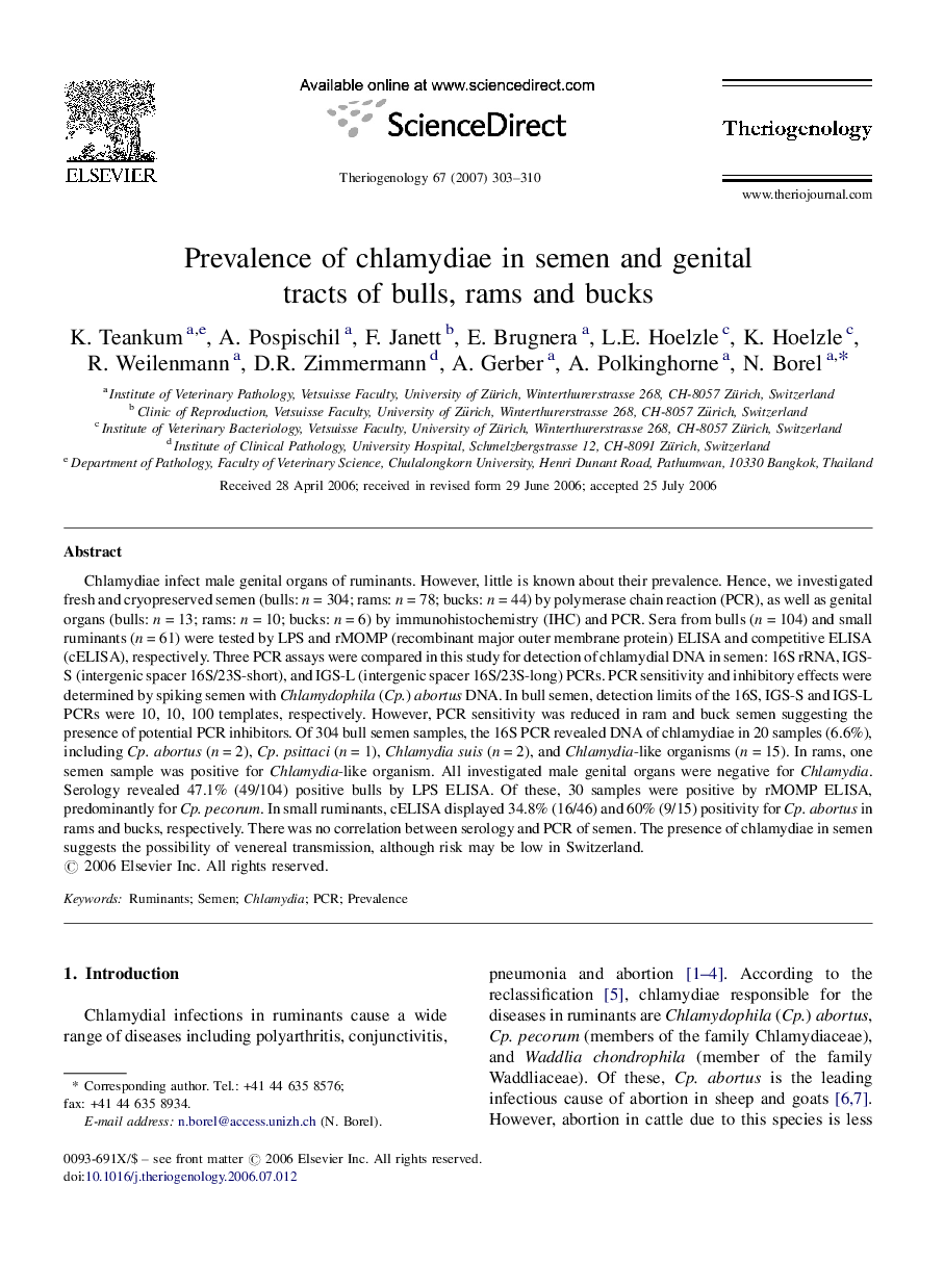 Prevalence of chlamydiae in semen and genital tracts of bulls, rams and bucks