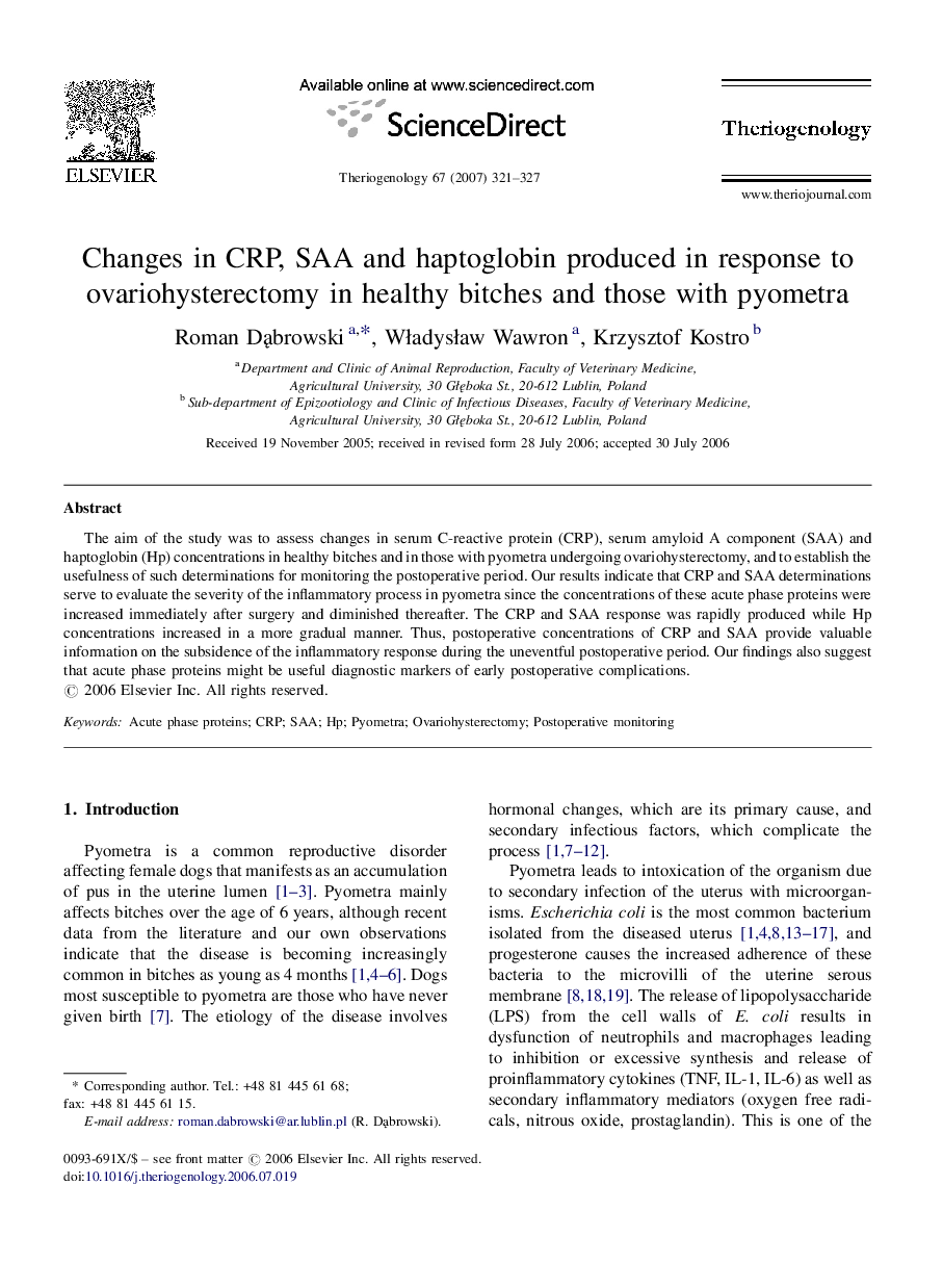 Changes in CRP, SAA and haptoglobin produced in response to ovariohysterectomy in healthy bitches and those with pyometra