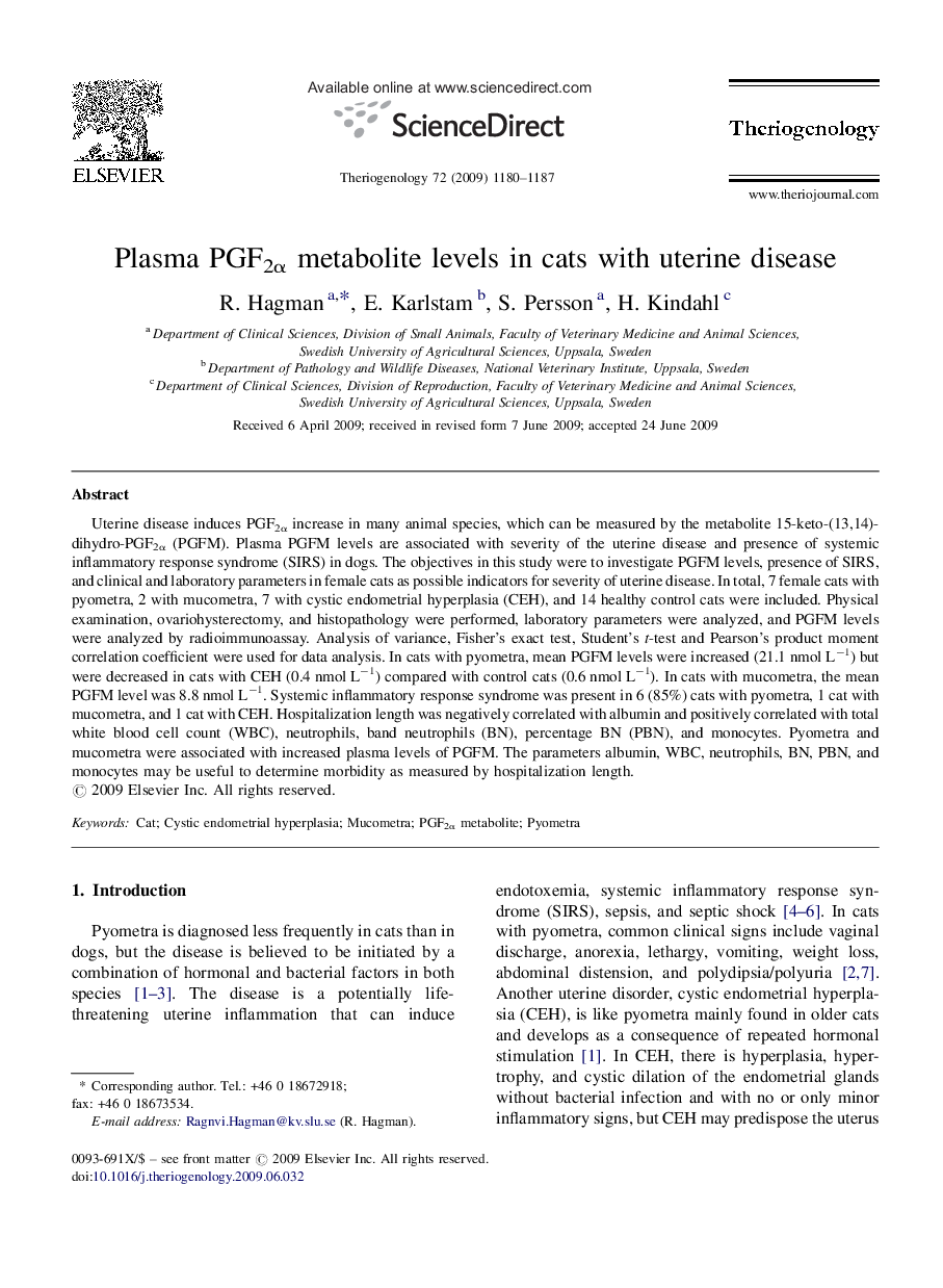 Plasma PGF2α metabolite levels in cats with uterine disease