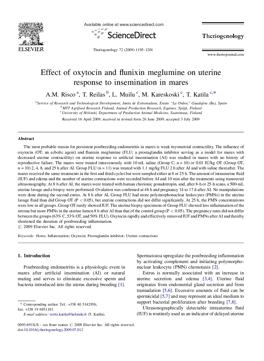 Effect of oxytocin and flunixin meglumine on uterine response to insemination in mares