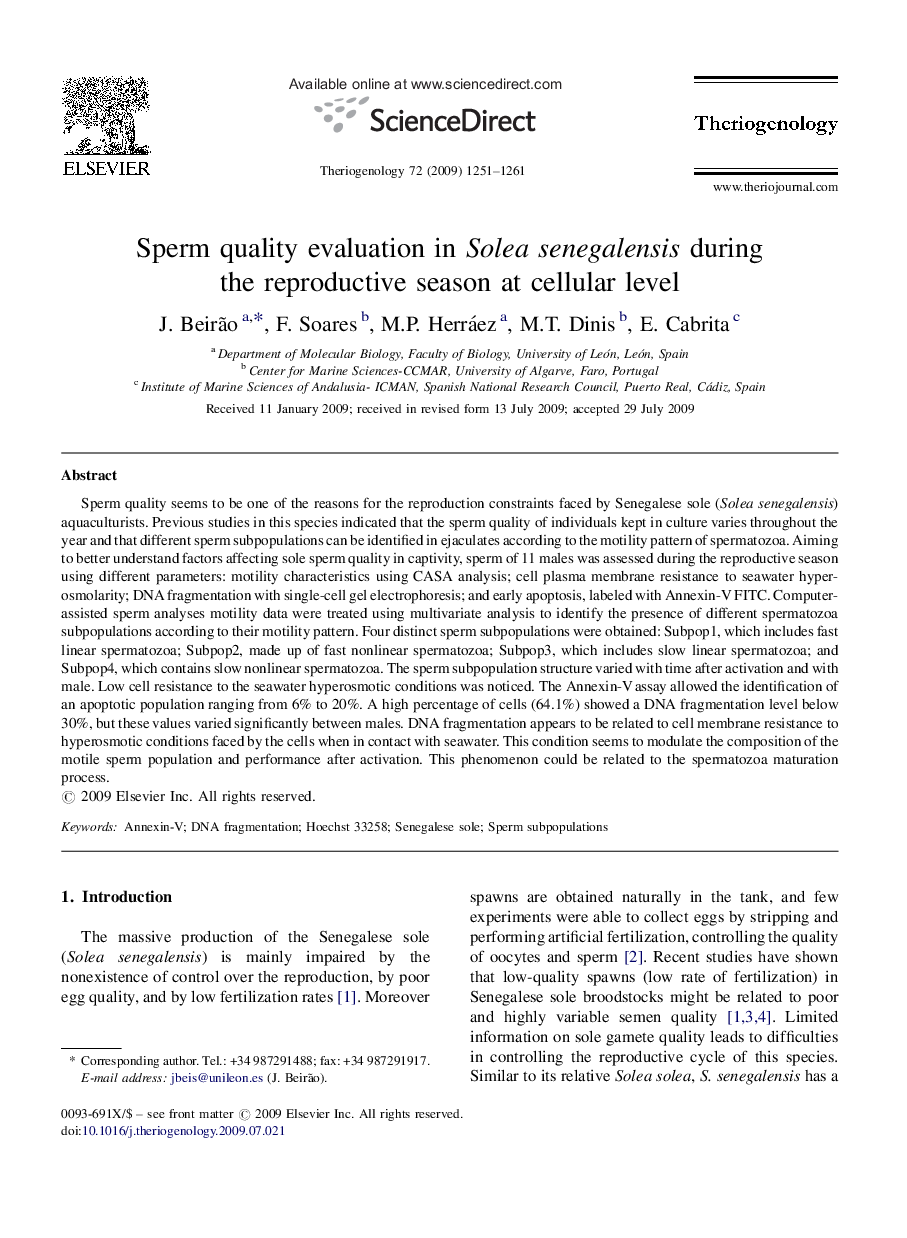 Sperm quality evaluation in Solea senegalensis during the reproductive season at cellular level