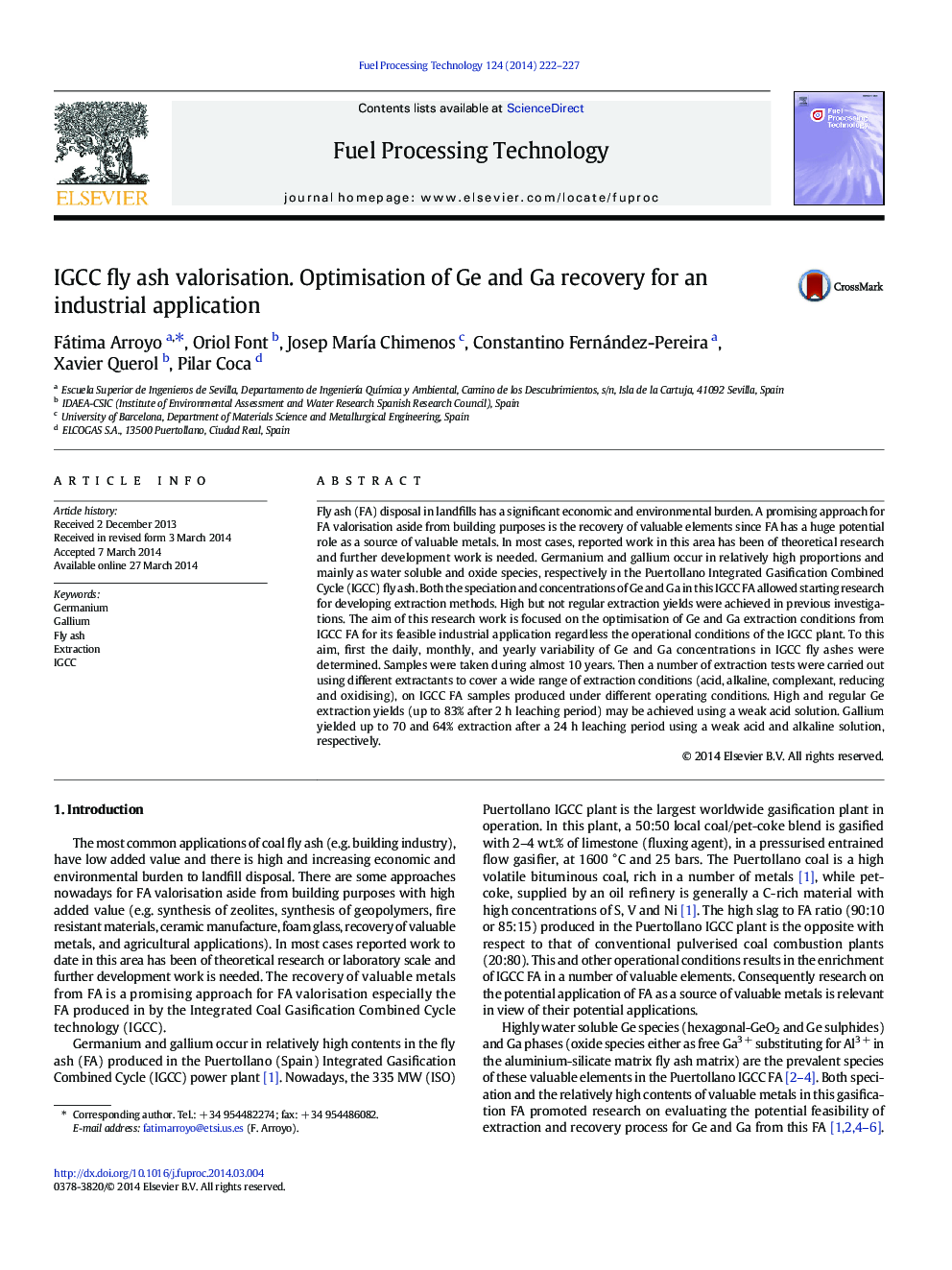 IGCC fly ash valorisation. Optimisation of Ge and Ga recovery for an industrial application