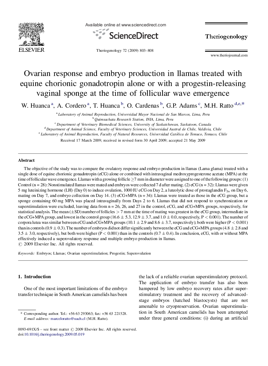 Ovarian response and embryo production in llamas treated with equine chorionic gonadotropin alone or with a progestin-releasing vaginal sponge at the time of follicular wave emergence