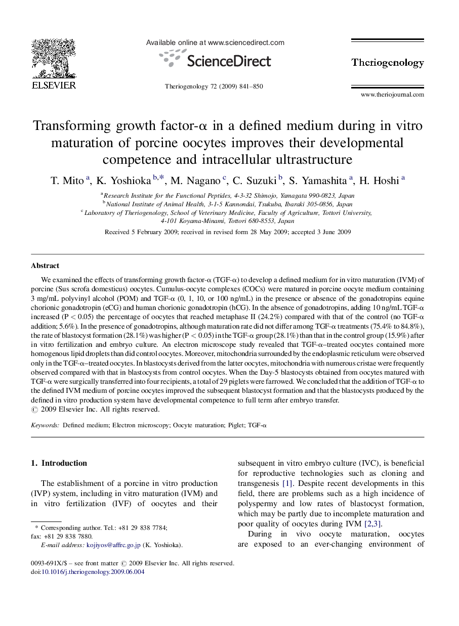 Transforming growth factor-α in a defined medium during in vitro maturation of porcine oocytes improves their developmental competence and intracellular ultrastructure