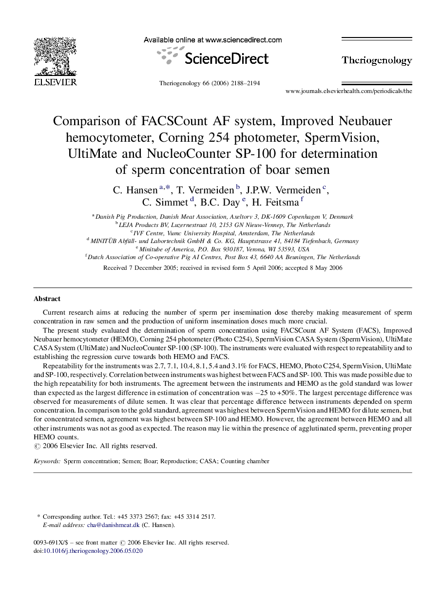 Comparison of FACSCount AF system, Improved Neubauer hemocytometer, Corning 254 photometer, SpermVision, UltiMate and NucleoCounter SP-100 for determination of sperm concentration of boar semen