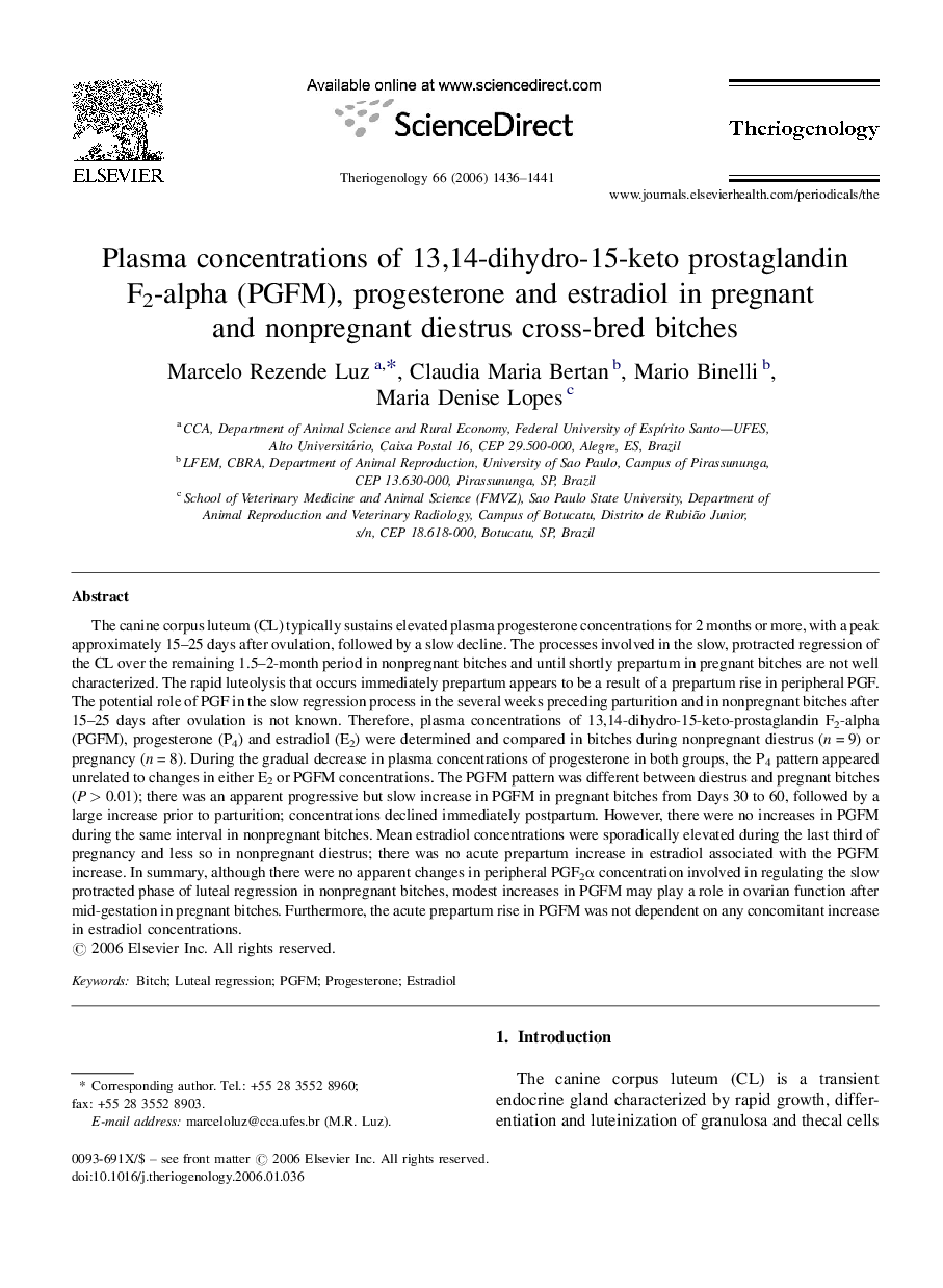 Plasma concentrations of 13,14-dihydro-15-keto prostaglandin F2-alpha (PGFM), progesterone and estradiol in pregnant and nonpregnant diestrus cross-bred bitches