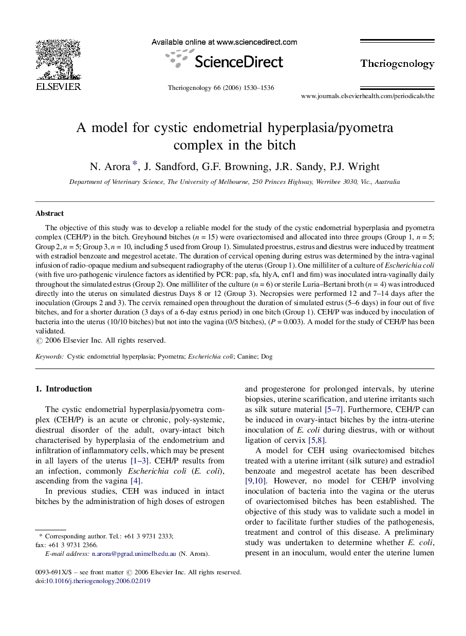 A model for cystic endometrial hyperplasia/pyometra complex in the bitch