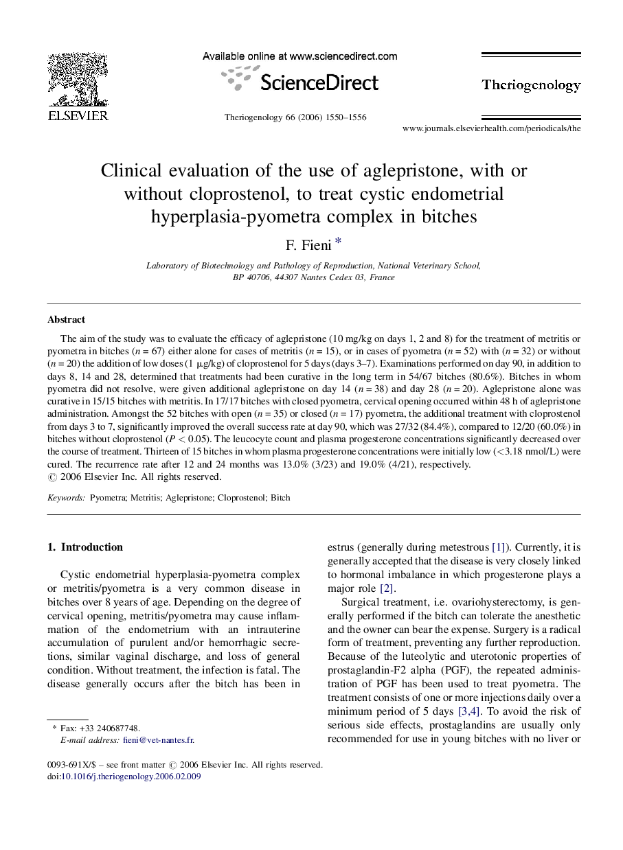 Clinical evaluation of the use of aglepristone, with or without cloprostenol, to treat cystic endometrial hyperplasia-pyometra complex in bitches