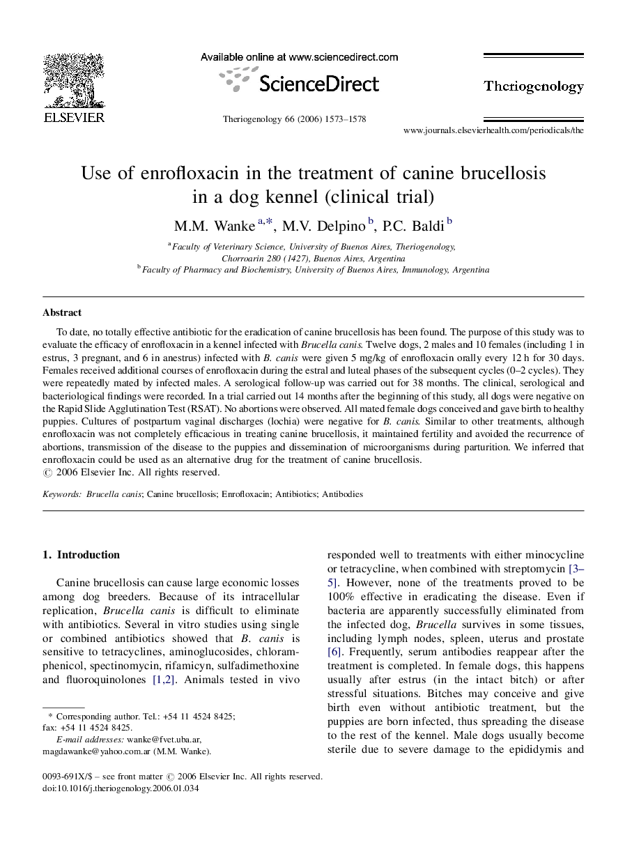 Use of enrofloxacin in the treatment of canine brucellosis in a dog kennel (clinical trial)