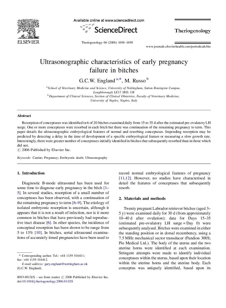 Ultrasonographic characteristics of early pregnancy failure in bitches