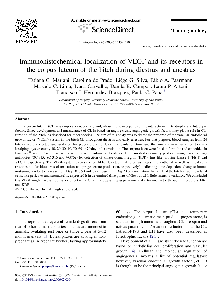 Immunohistochemical localization of VEGF and its receptors in the corpus luteum of the bitch during diestrus and anestrus