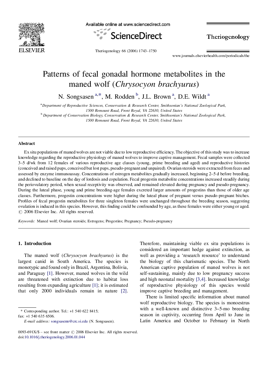 Patterns of fecal gonadal hormone metabolites in the maned wolf (Chrysocyon brachyurus)