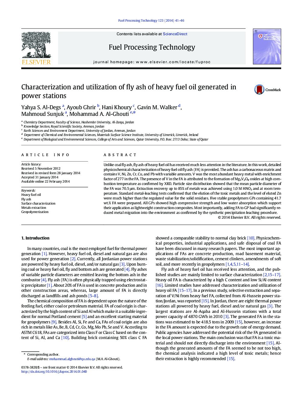 Characterization and utilization of fly ash of heavy fuel oil generated in power stations