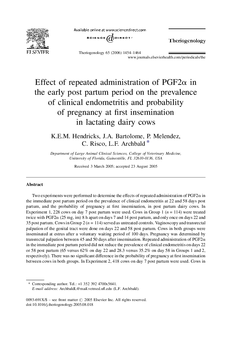 Effect of repeated administration of PGF2α in the early post partum period on the prevalence of clinical endometritis and probability of pregnancy at first insemination in lactating dairy cows