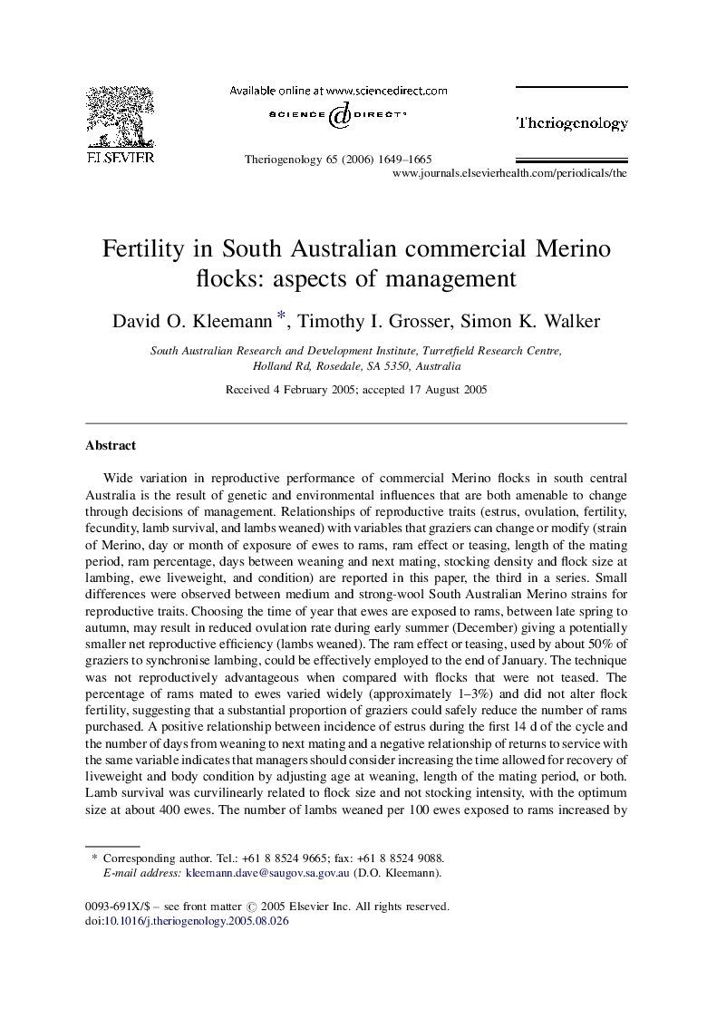 Fertility in South Australian commercial Merino flocks: aspects of management