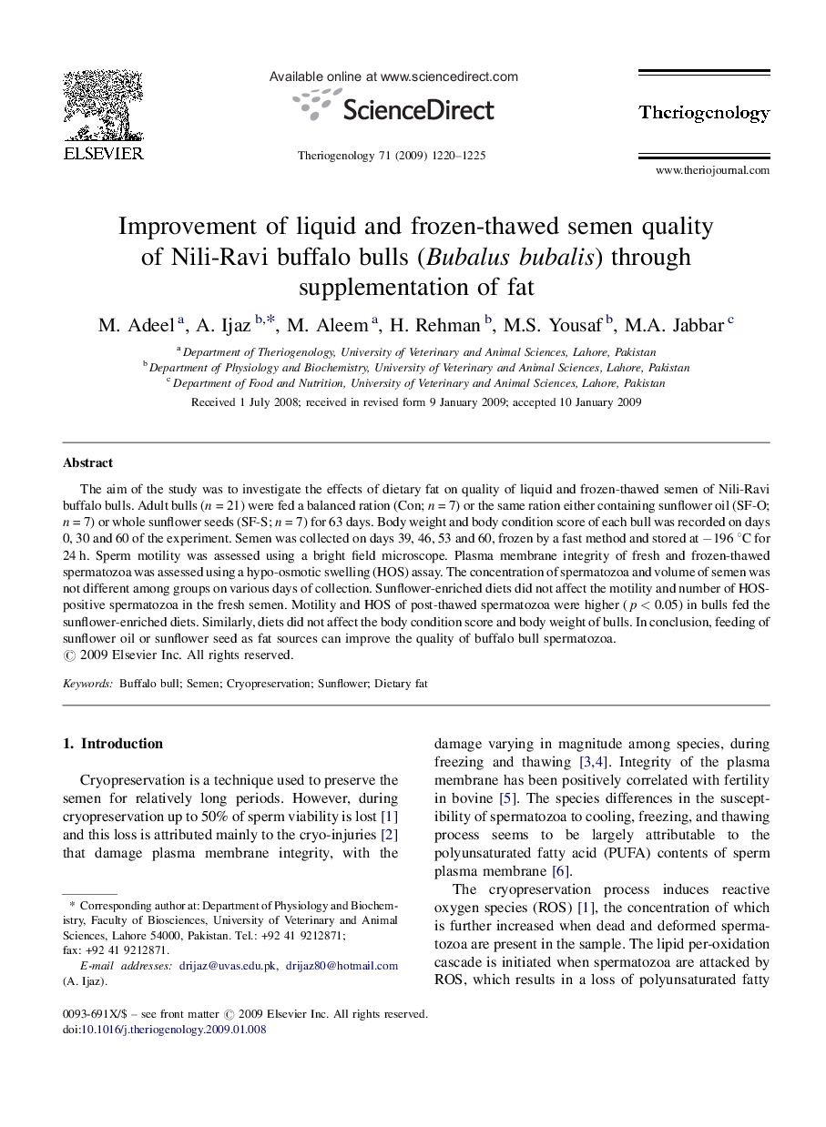 Improvement of liquid and frozen-thawed semen quality of Nili-Ravi buffalo bulls (Bubalus bubalis) through supplementation of fat