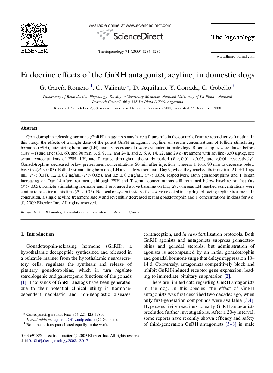 Endocrine effects of the GnRH antagonist, acyline, in domestic dogs