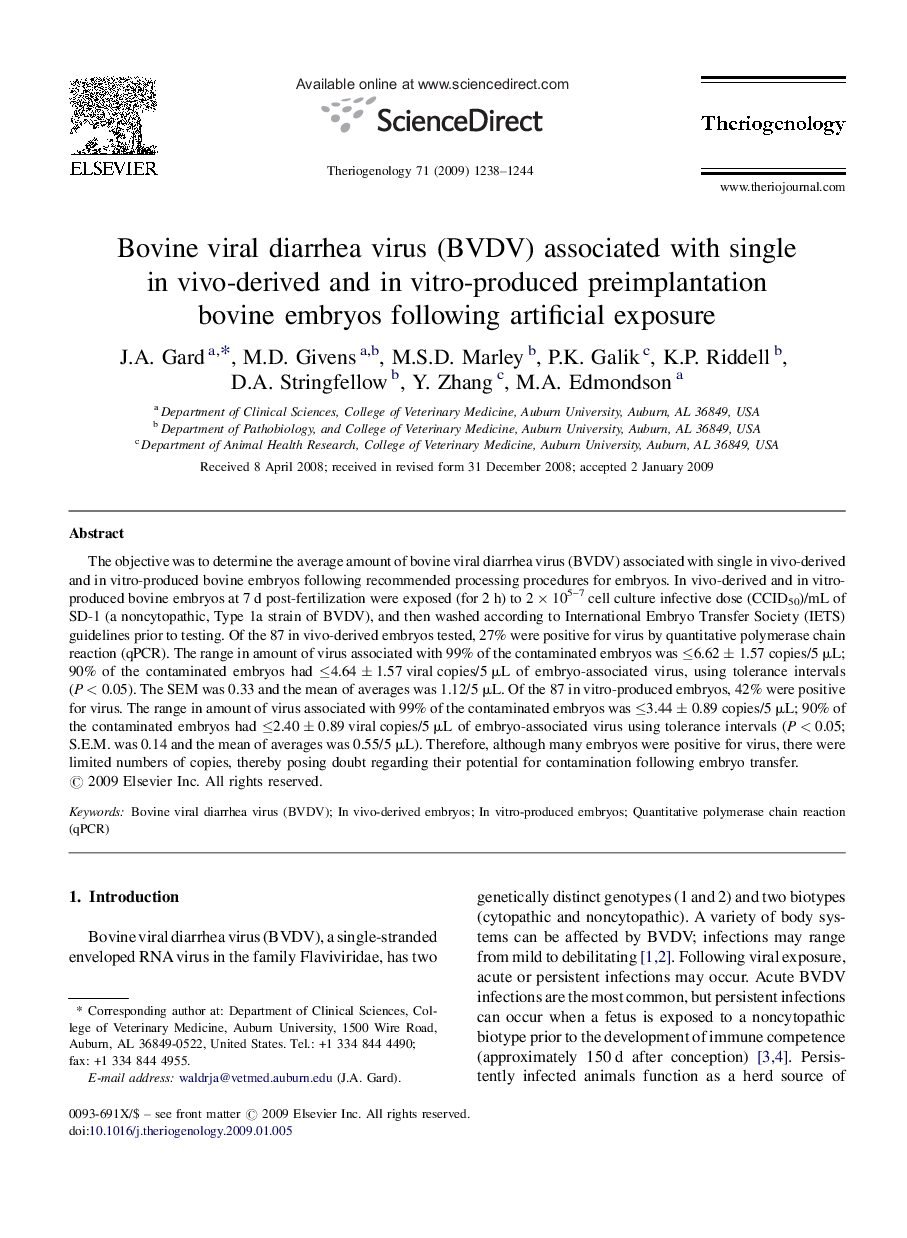 Bovine viral diarrhea virus (BVDV) associated with single in vivo-derived and in vitro-produced preimplantation bovine embryos following artificial exposure