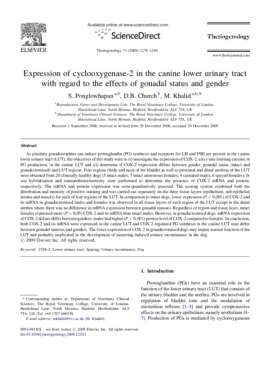 Expression of cyclooxygenase-2 in the canine lower urinary tract with regard to the effects of gonadal status and gender