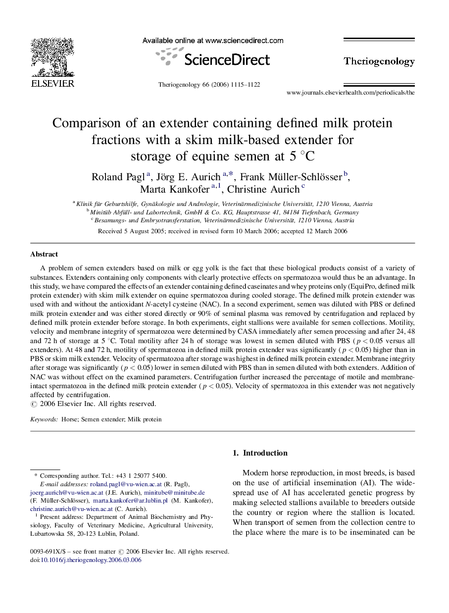 Comparison of an extender containing defined milk protein fractions with a skim milk-based extender for storage of equine semen at 5 °C