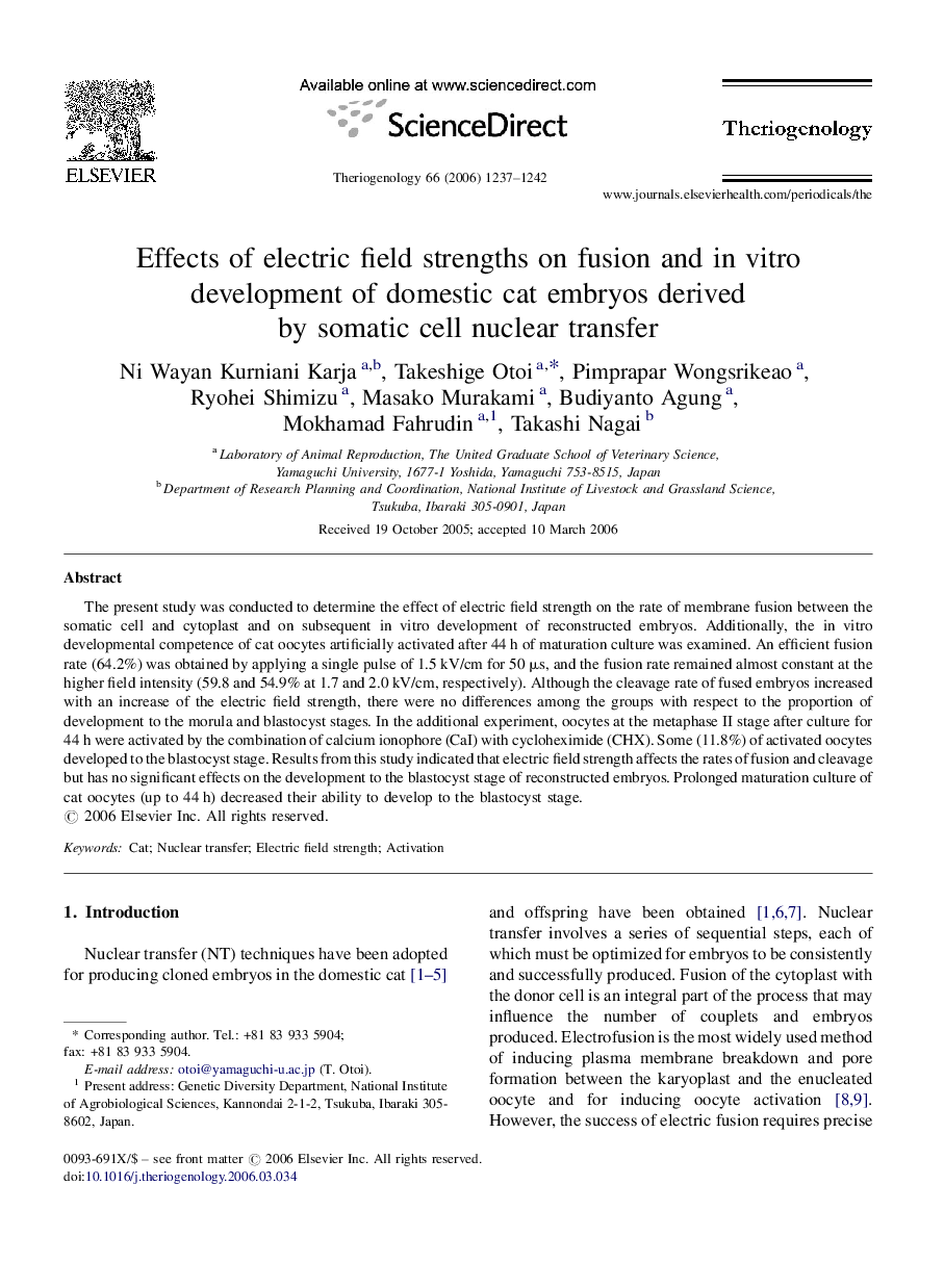 Effects of electric field strengths on fusion and in vitro development of domestic cat embryos derived by somatic cell nuclear transfer