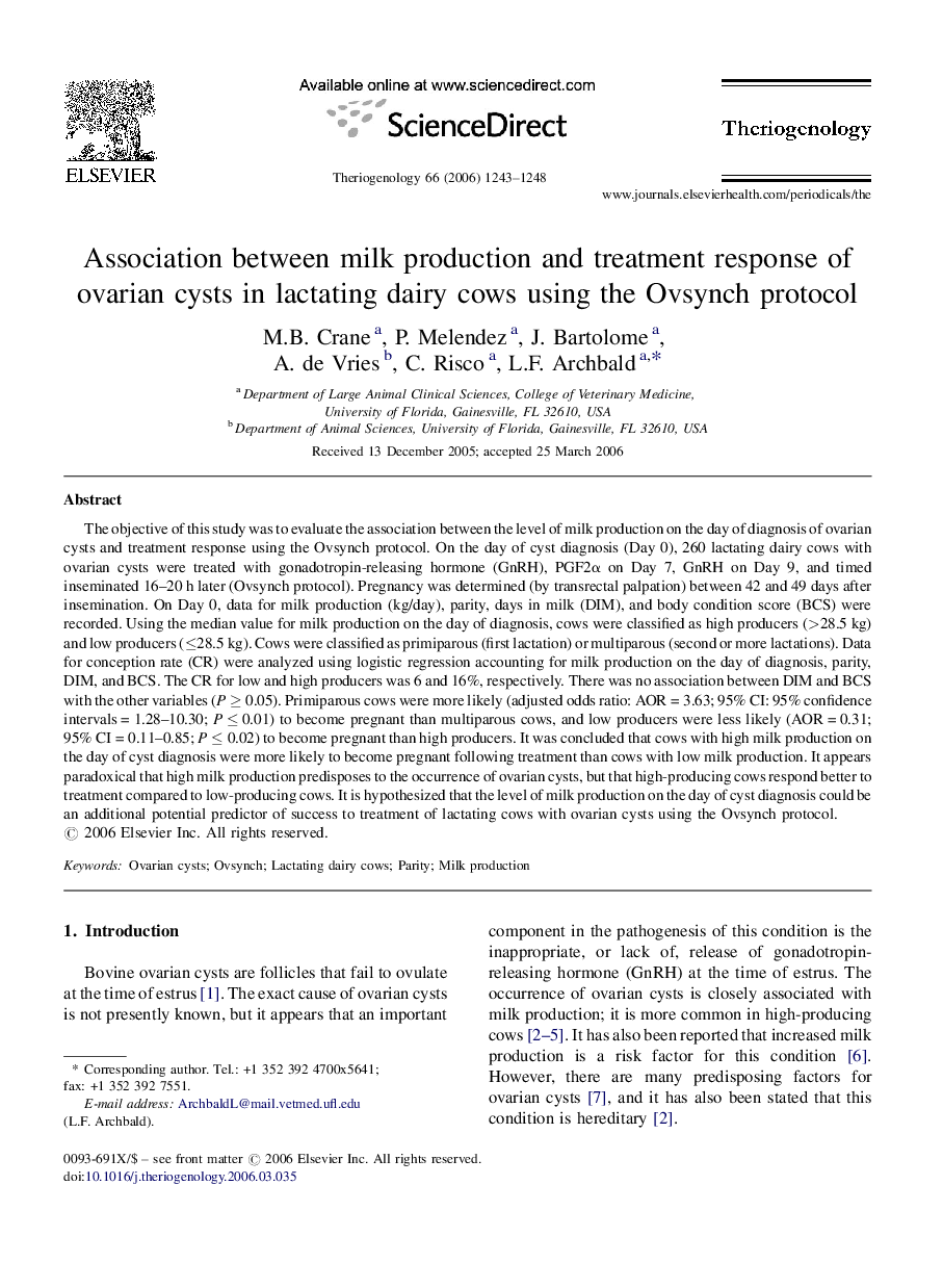 Association between milk production and treatment response of ovarian cysts in lactating dairy cows using the Ovsynch protocol