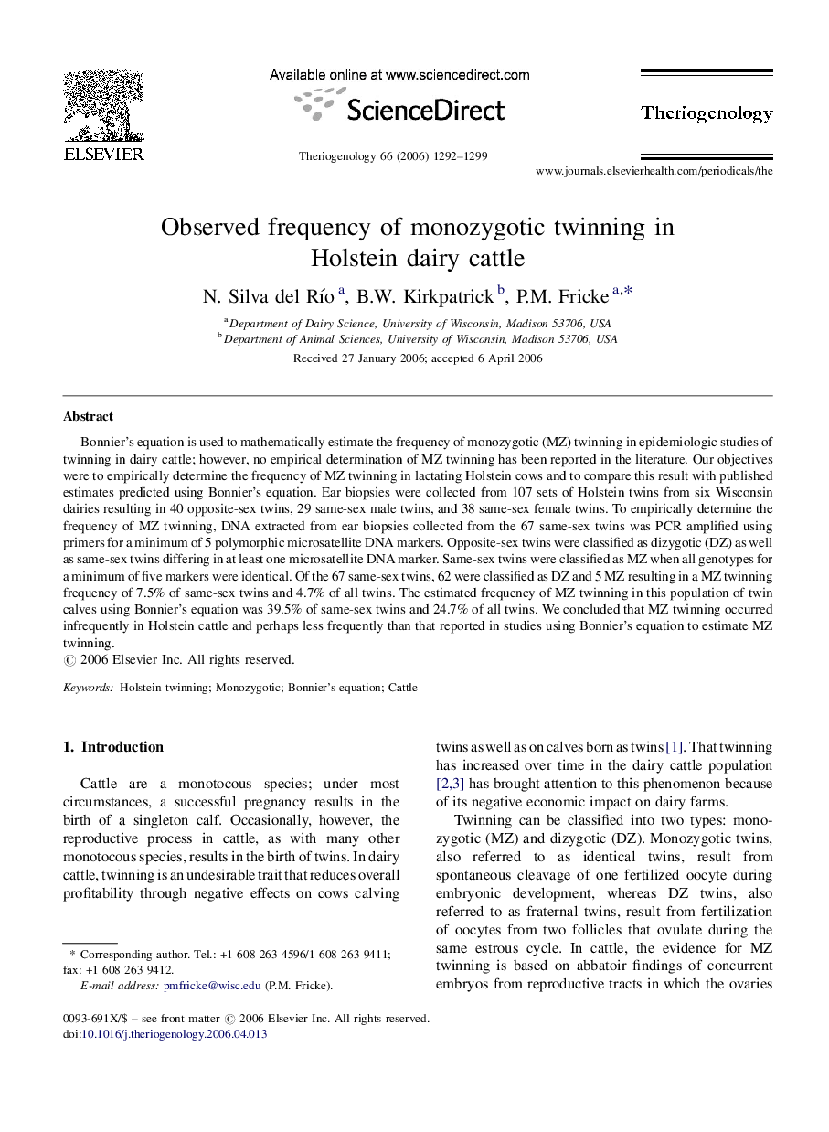 Observed frequency of monozygotic twinning in Holstein dairy cattle