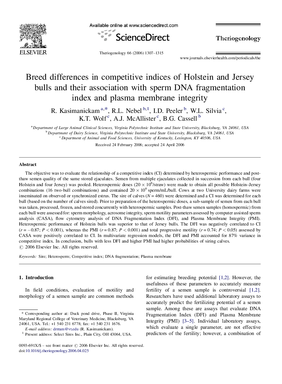 Breed differences in competitive indices of Holstein and Jersey bulls and their association with sperm DNA fragmentation index and plasma membrane integrity