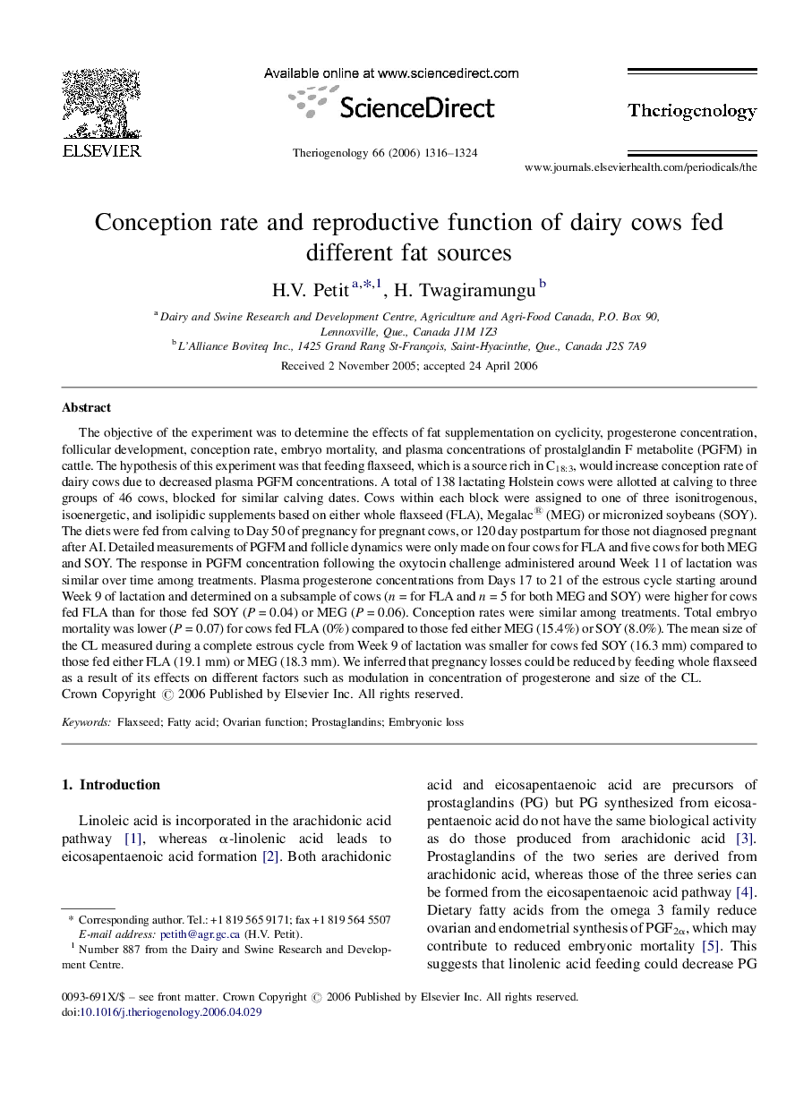 Conception rate and reproductive function of dairy cows fed different fat sources