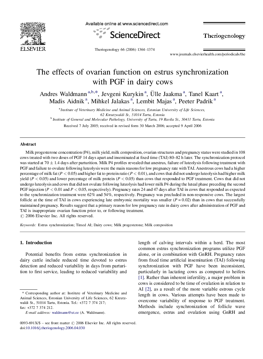 The effects of ovarian function on estrus synchronization with PGF in dairy cows