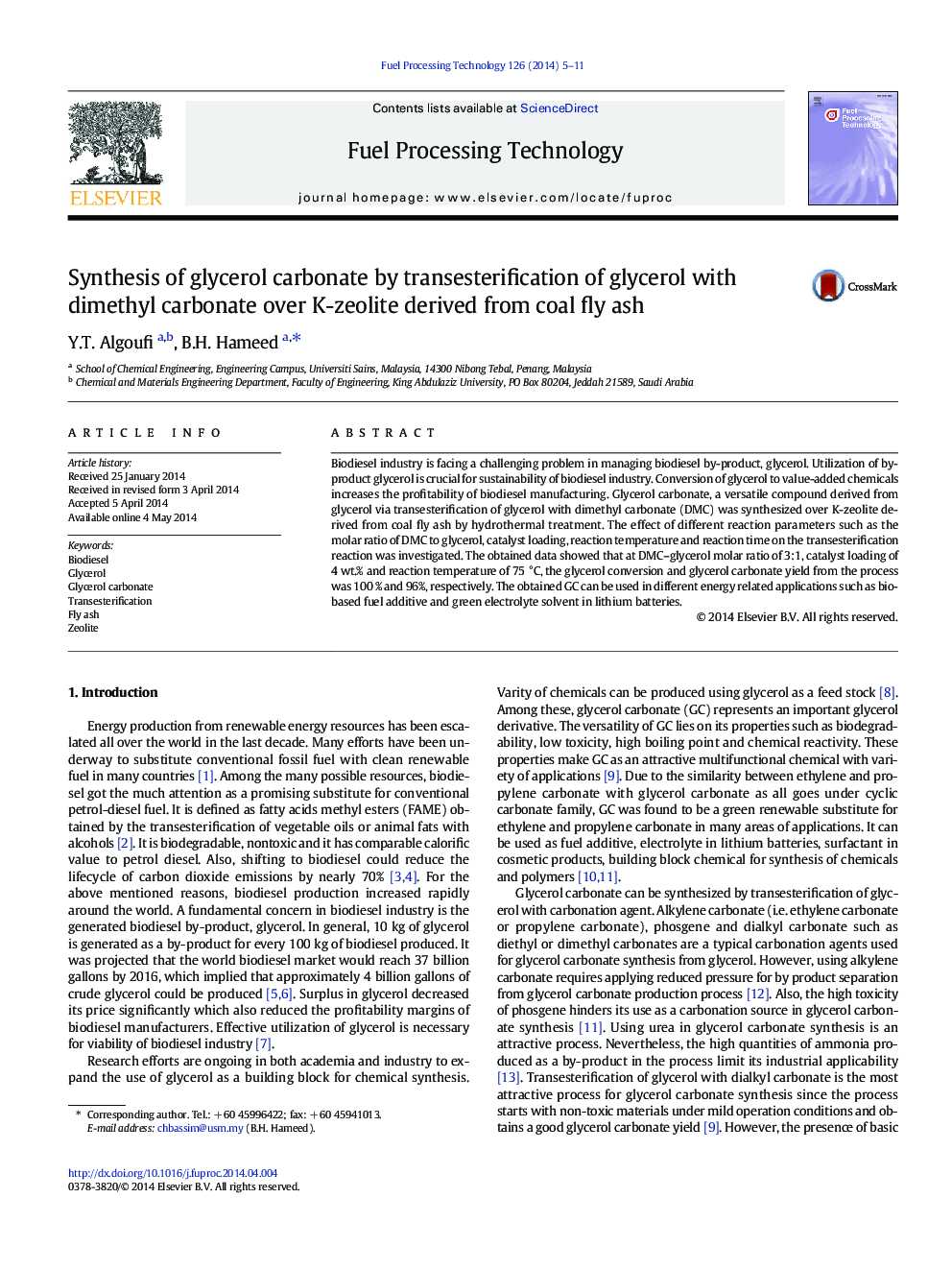 Synthesis of glycerol carbonate by transesterification of glycerol with dimethyl carbonate over K-zeolite derived from coal fly ash