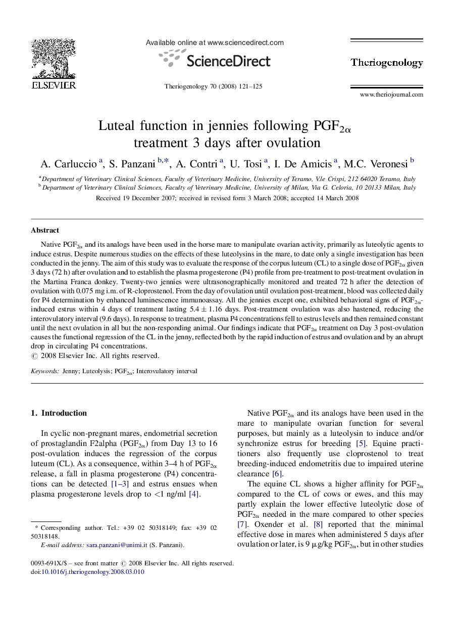 Luteal function in jennies following PGF2α treatment 3 days after ovulation