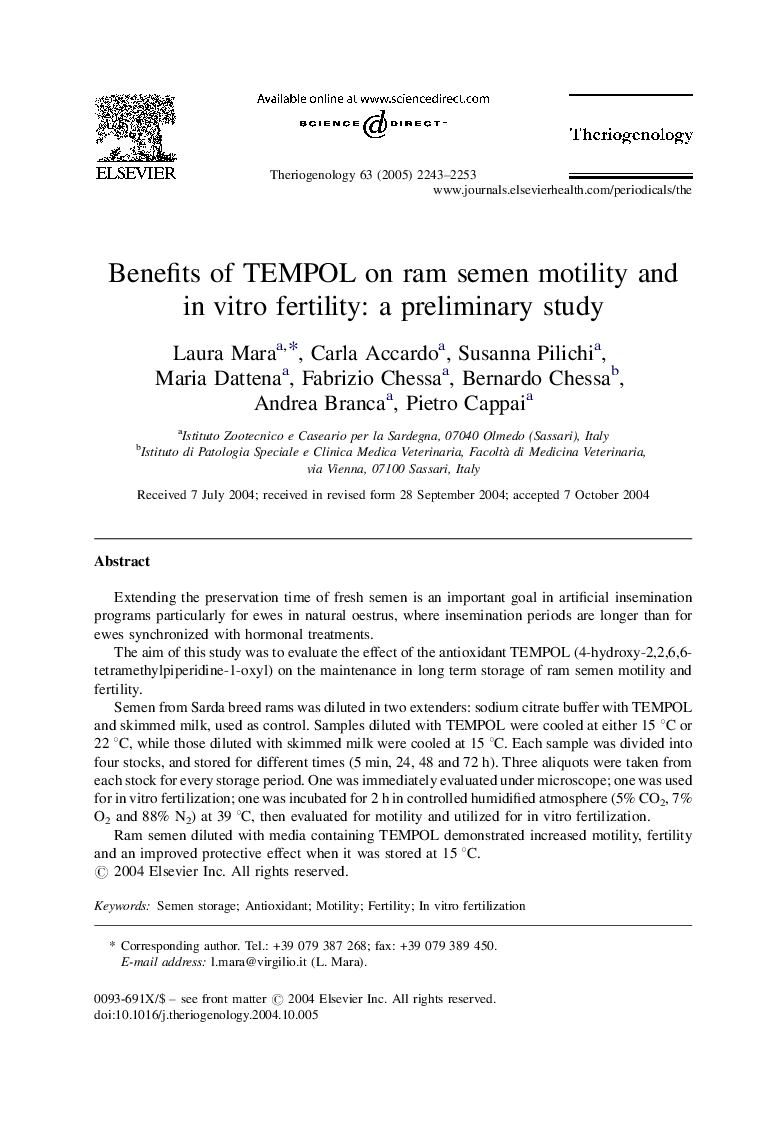 Benefits of TEMPOL on ram semen motility and in vitro fertility: a preliminary study