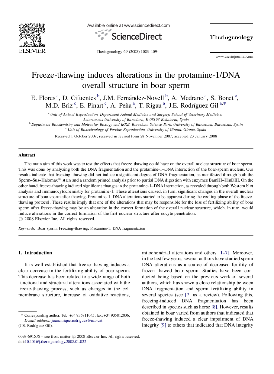 Freeze-thawing induces alterations in the protamine-1/DNA overall structure in boar sperm