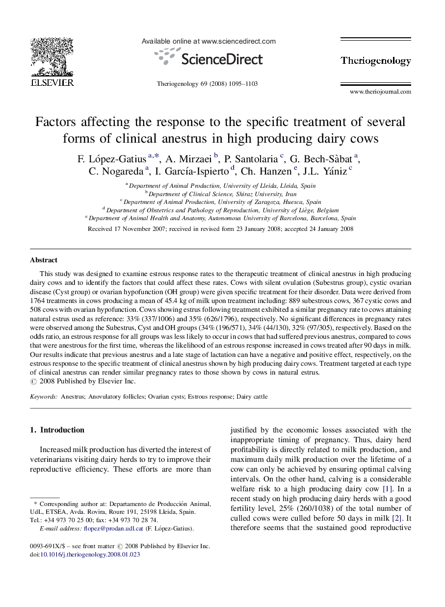 Factors affecting the response to the specific treatment of several forms of clinical anestrus in high producing dairy cows