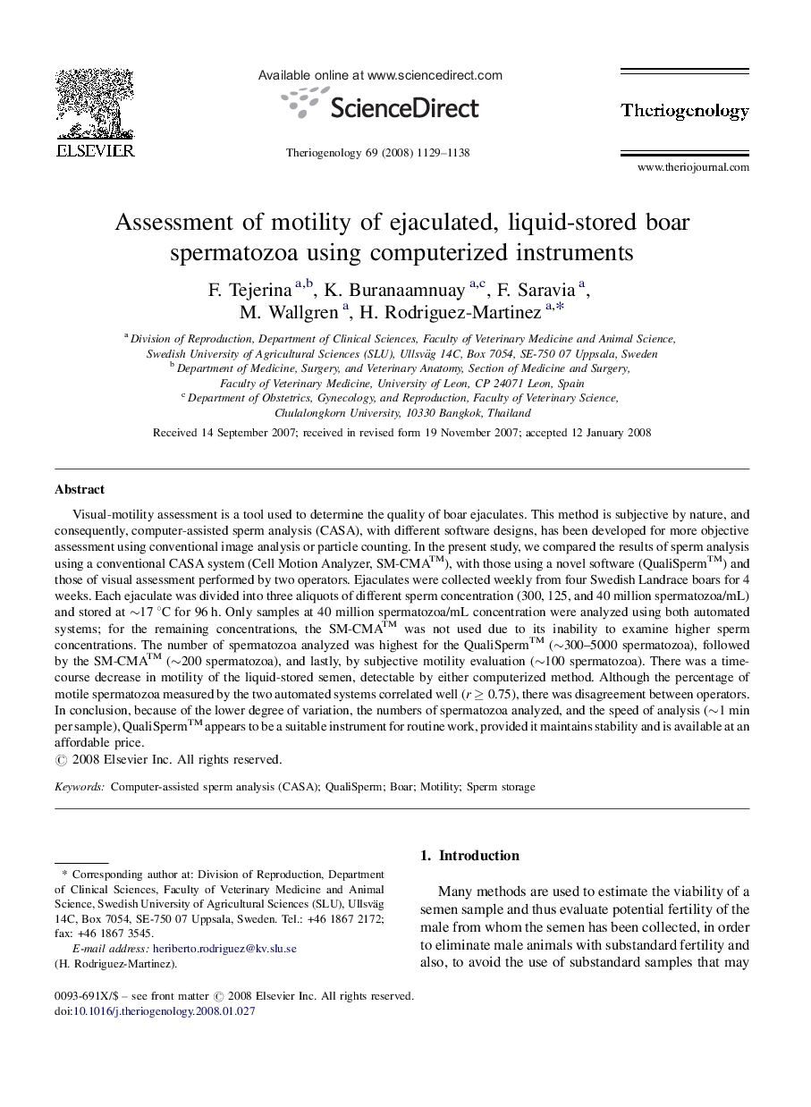 Assessment of motility of ejaculated, liquid-stored boar spermatozoa using computerized instruments