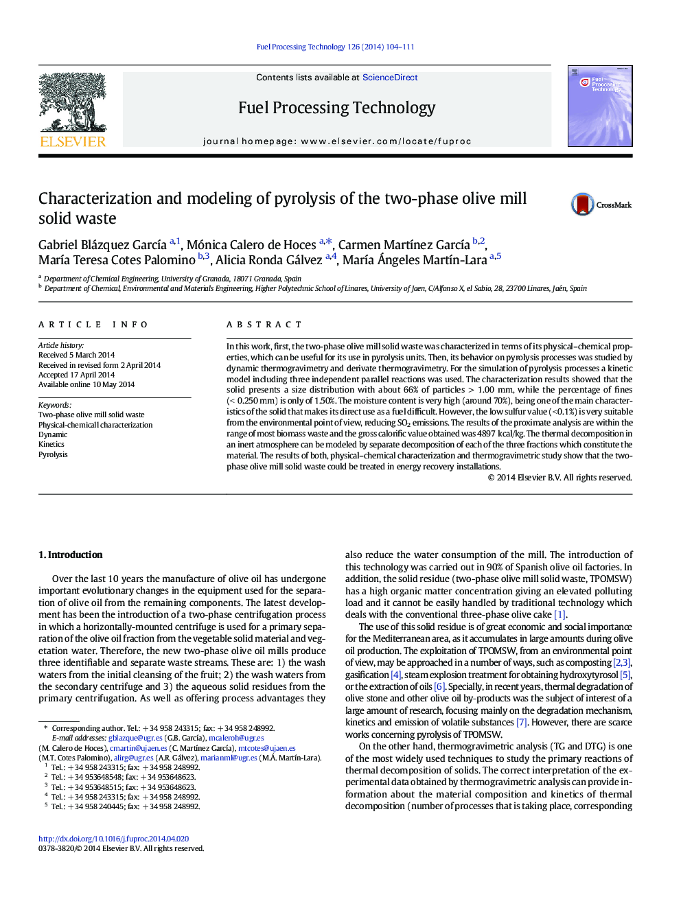 Characterization and modeling of pyrolysis of the two-phase olive mill solid waste
