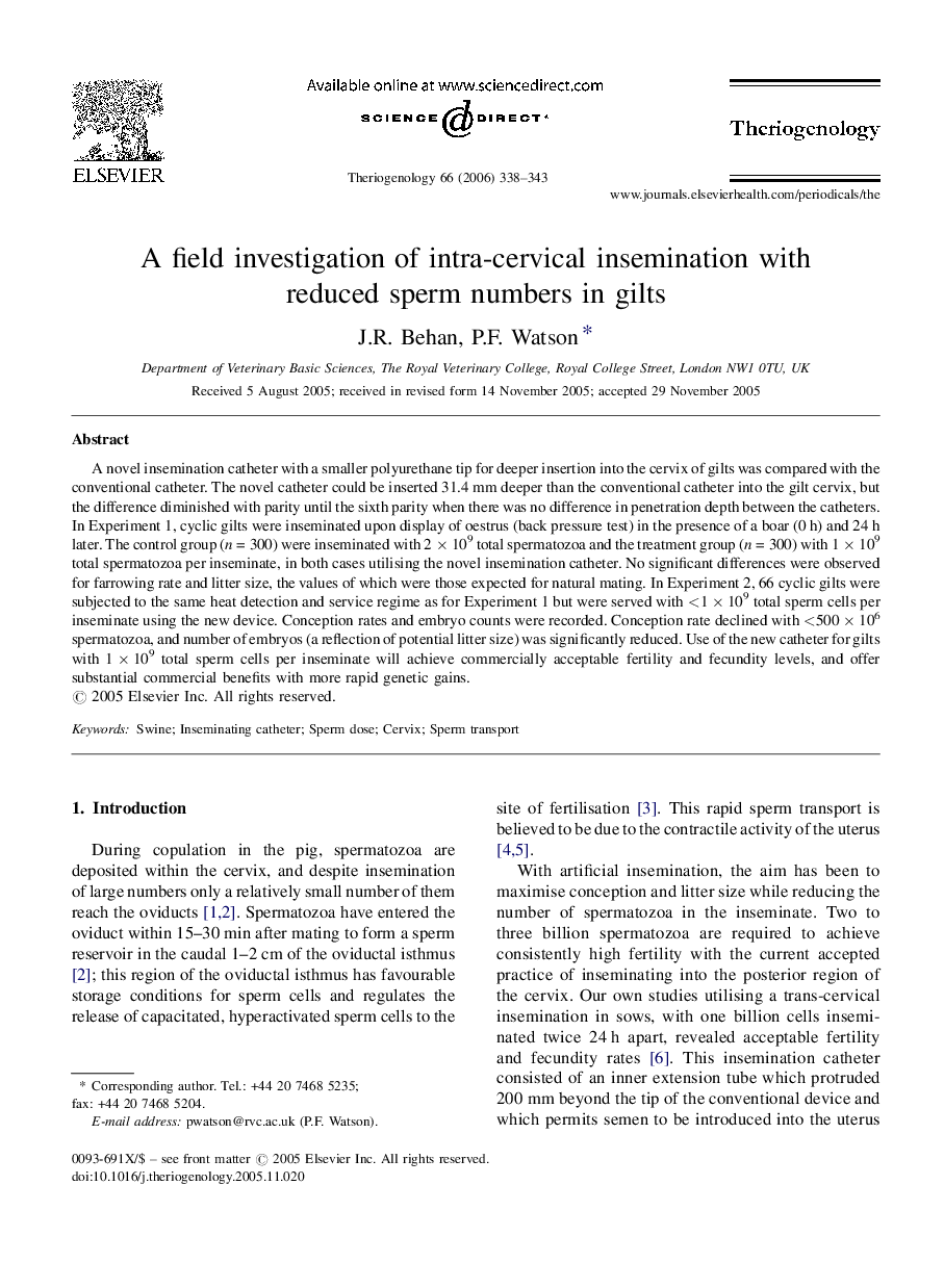 A field investigation of intra-cervical insemination with reduced sperm numbers in gilts