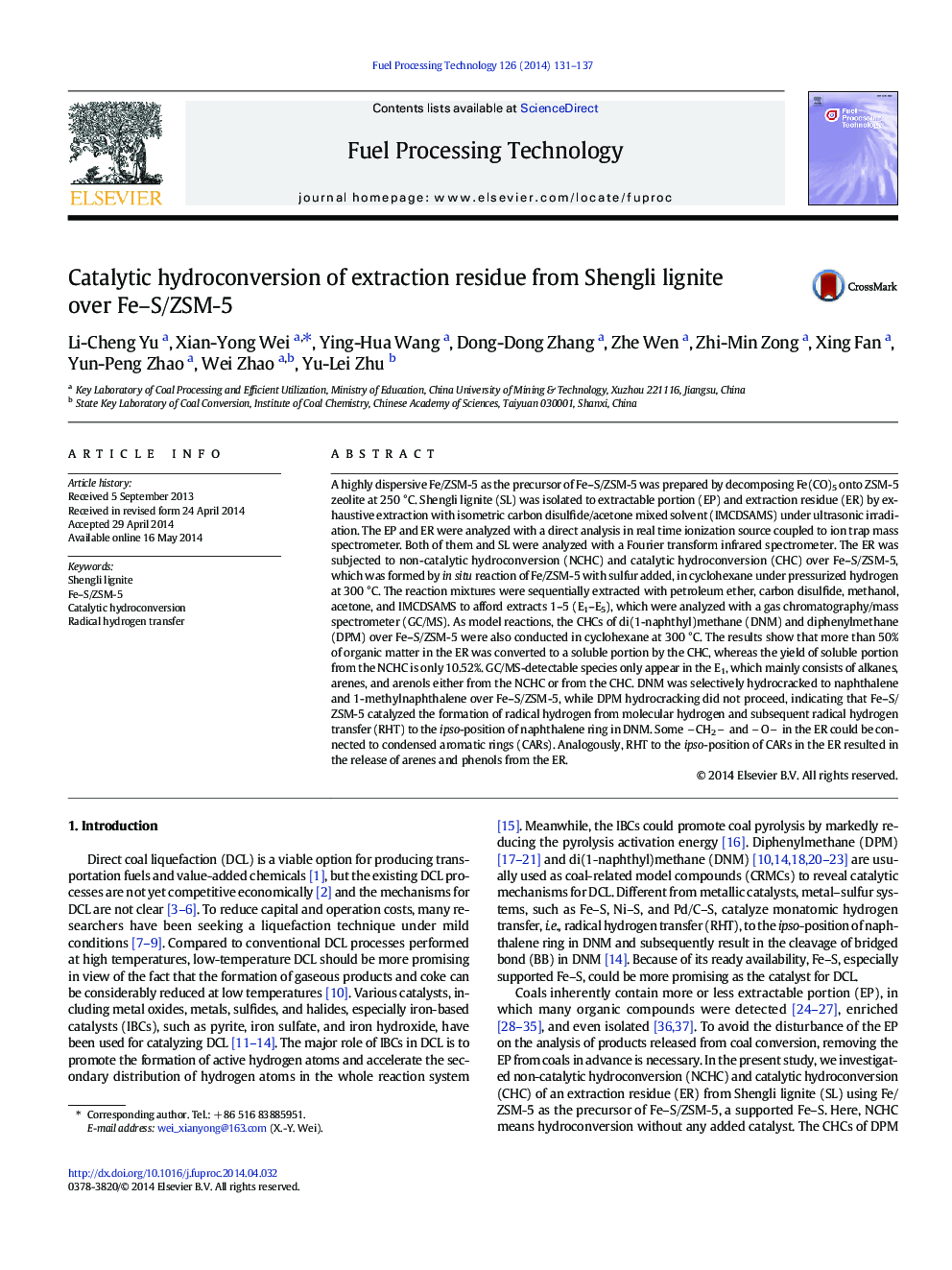 عکس صفحه اول مقاله: Catalytic hydroconversion of extraction residue from Shengli lignite over Fe–S/ZSM-5 Catalytic hydroconversion of extraction residue from Shengli lignite over Fe–S/ZSM-5