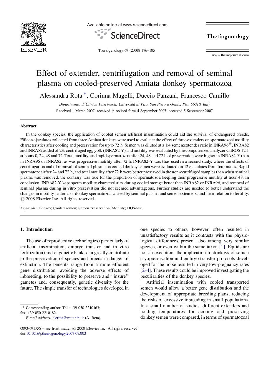 Effect of extender, centrifugation and removal of seminal plasma on cooled-preserved Amiata donkey spermatozoa