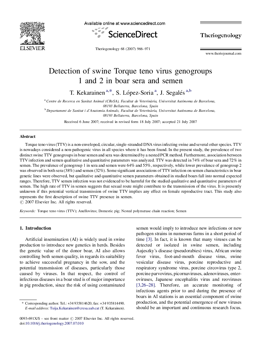 Detection of swine Torque teno virus genogroups 1 and 2 in boar sera and semen