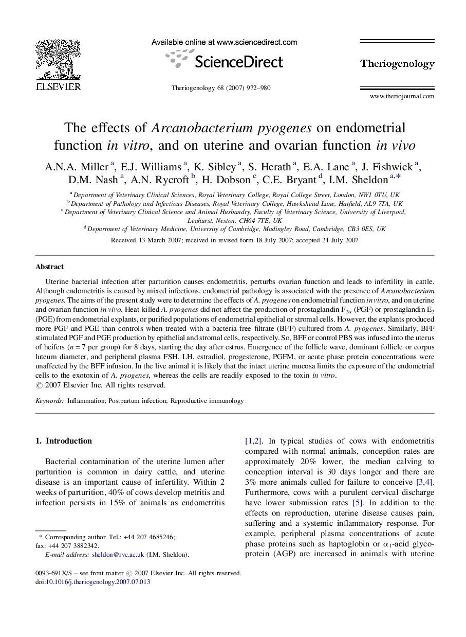 The effects of Arcanobacterium pyogenes on endometrial function in vitro, and on uterine and ovarian function in vivo