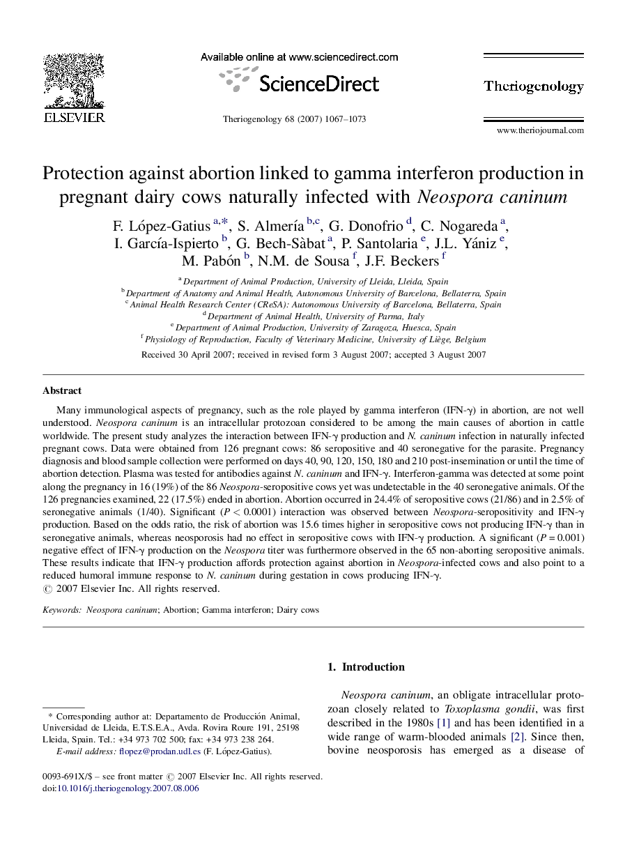 Protection against abortion linked to gamma interferon production in pregnant dairy cows naturally infected with Neospora caninum