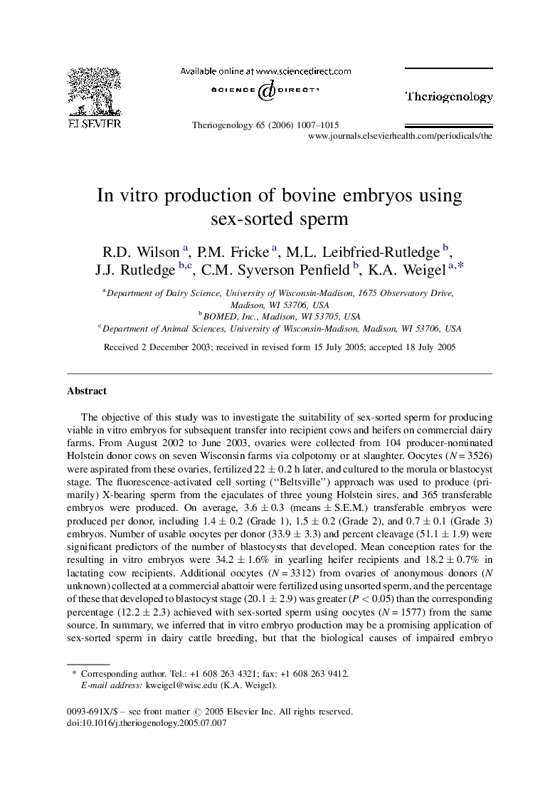 In vitro production of bovine embryos using sex-sorted sperm
