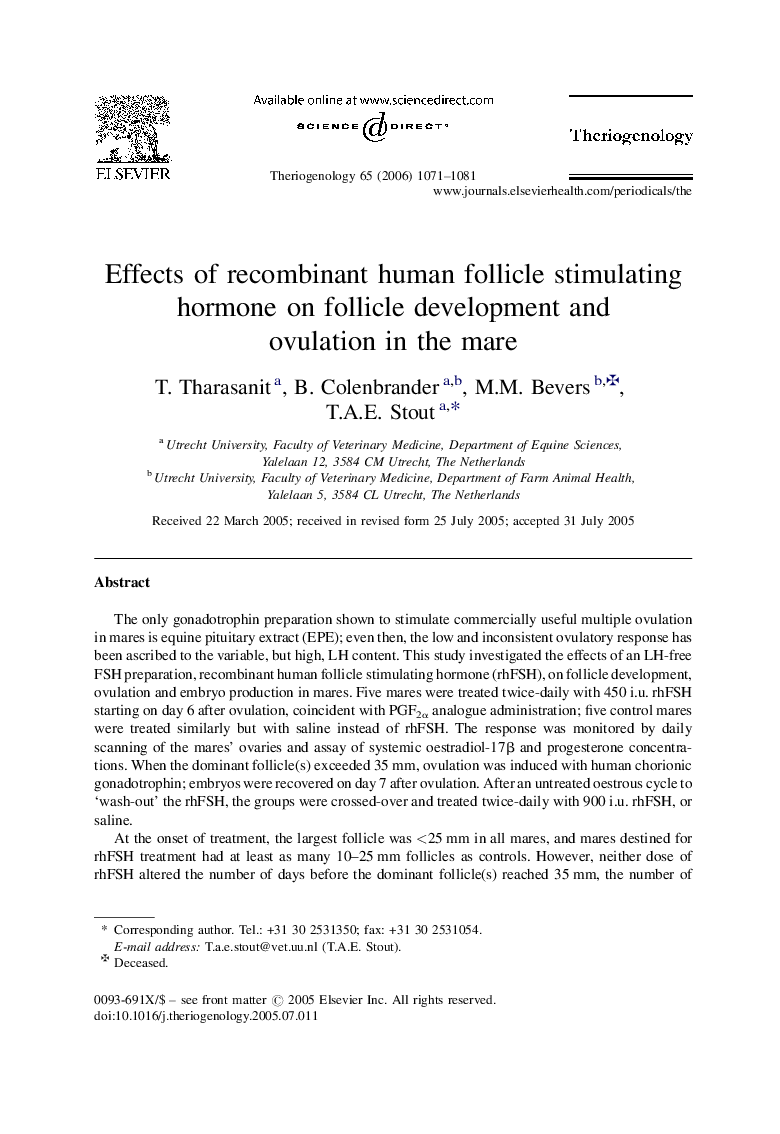 Effects of recombinant human follicle stimulating hormone on follicle development and ovulation in the mare