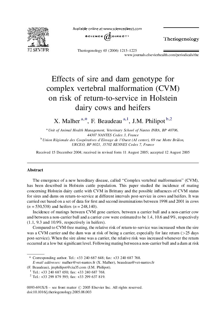 Effects of sire and dam genotype for complex vertebral malformation (CVM) on risk of return-to-service in Holstein dairy cows and heifers