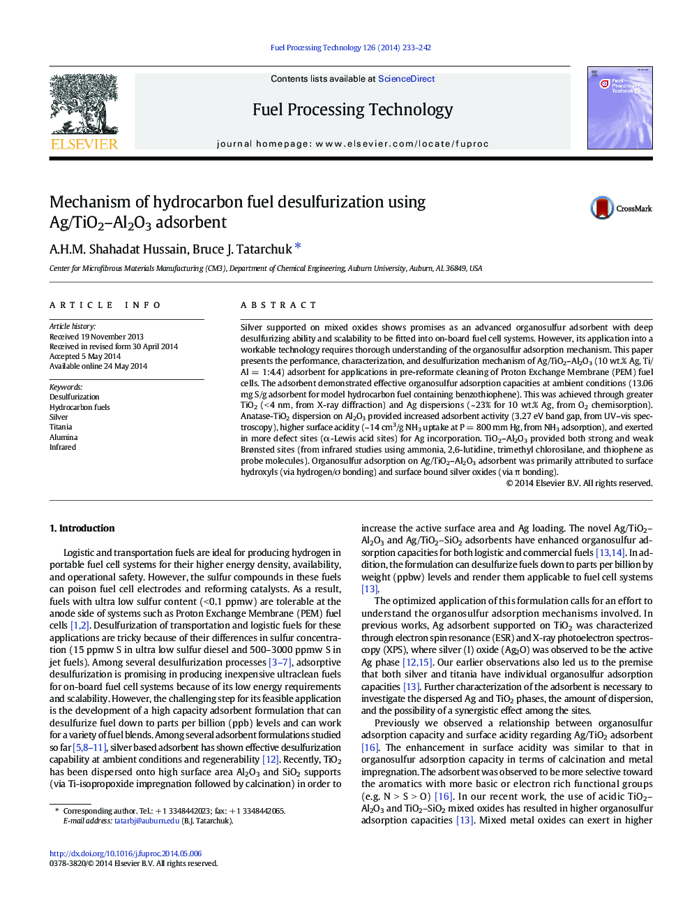 Mechanism of hydrocarbon fuel desulfurization using Ag/TiO2–Al2O3 adsorbent