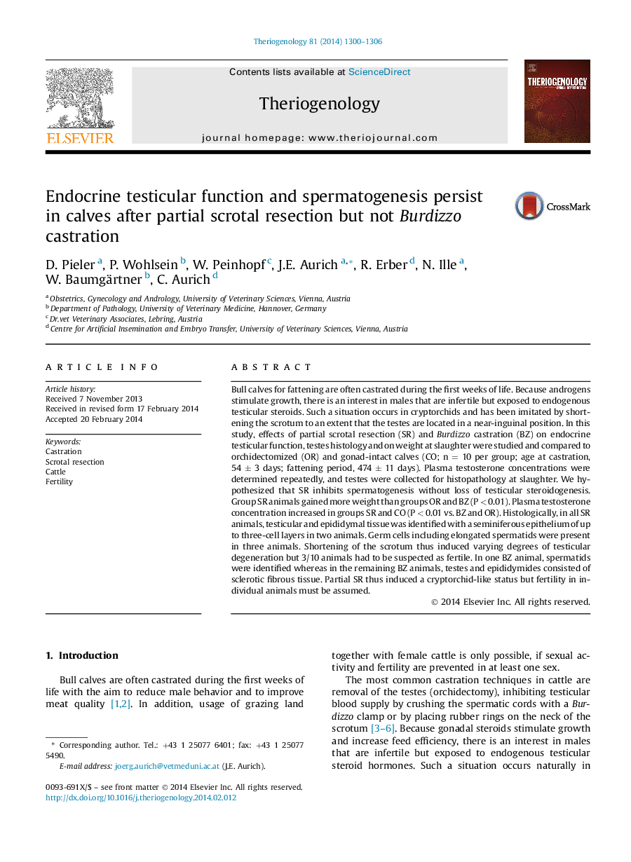 Endocrine testicular function and spermatogenesis persist in calves after partial scrotal resection but not Burdizzo castration