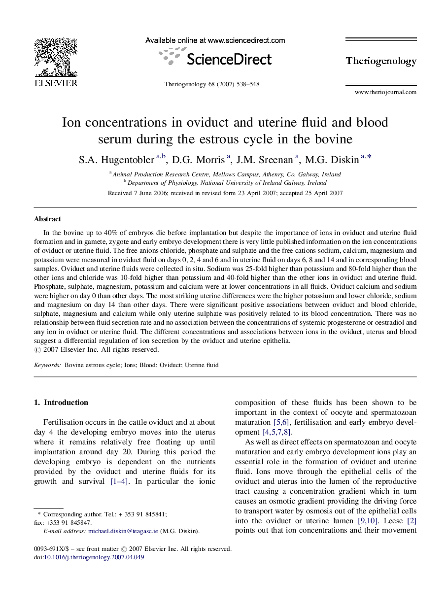 Ion concentrations in oviduct and uterine fluid and blood serum during the estrous cycle in the bovine