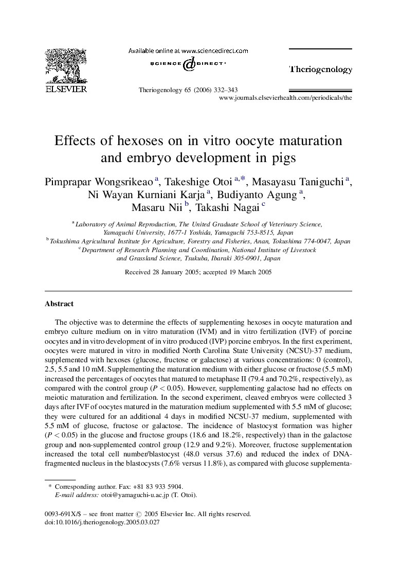 Effects of hexoses on in vitro oocyte maturation and embryo development in pigs